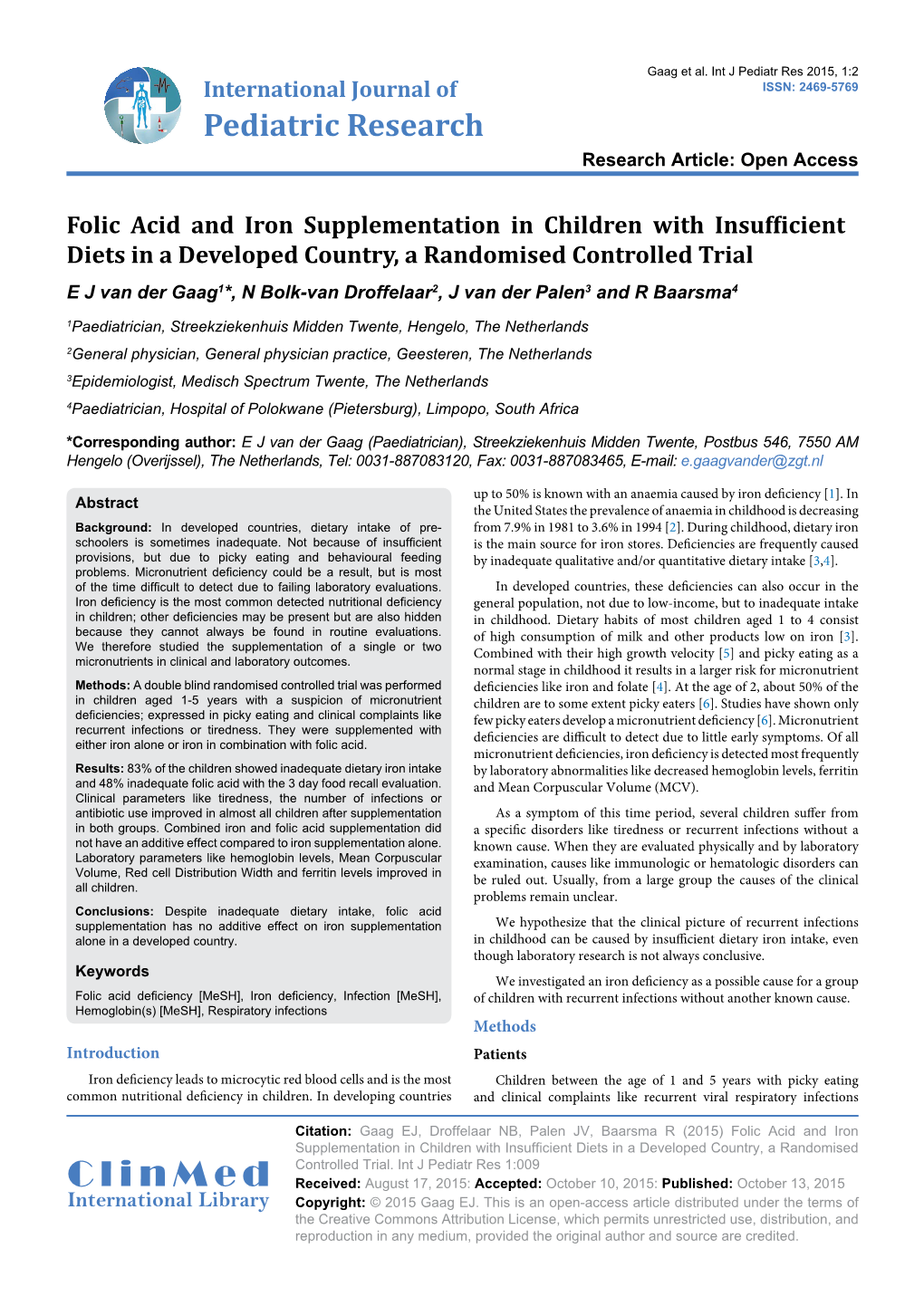 Folic Acid and Iron Supplementation in Children with Insufficient Diets In