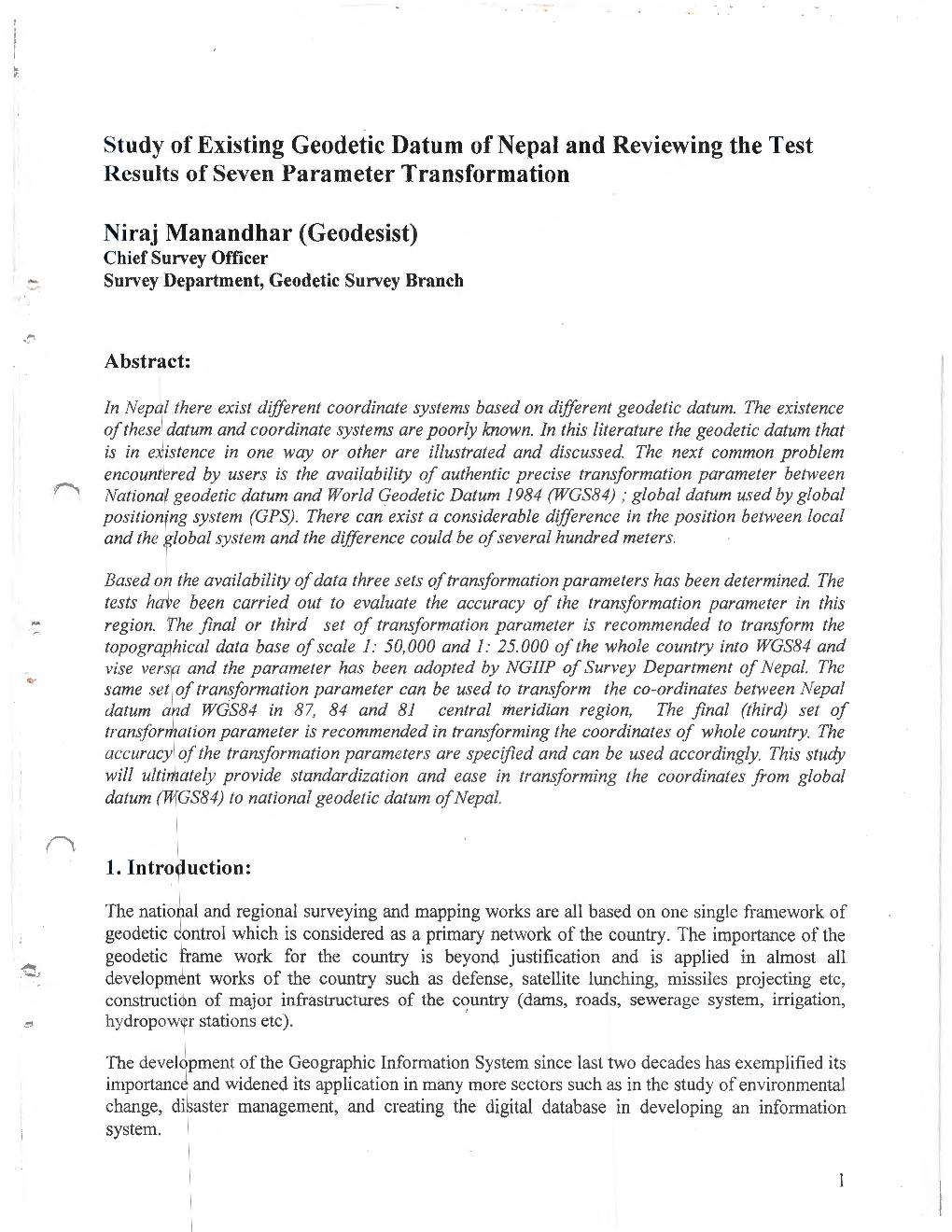 Study of Existing Geodetic Datum of Nepal and Reviewing the Test Results of Seven Parameter Transformation