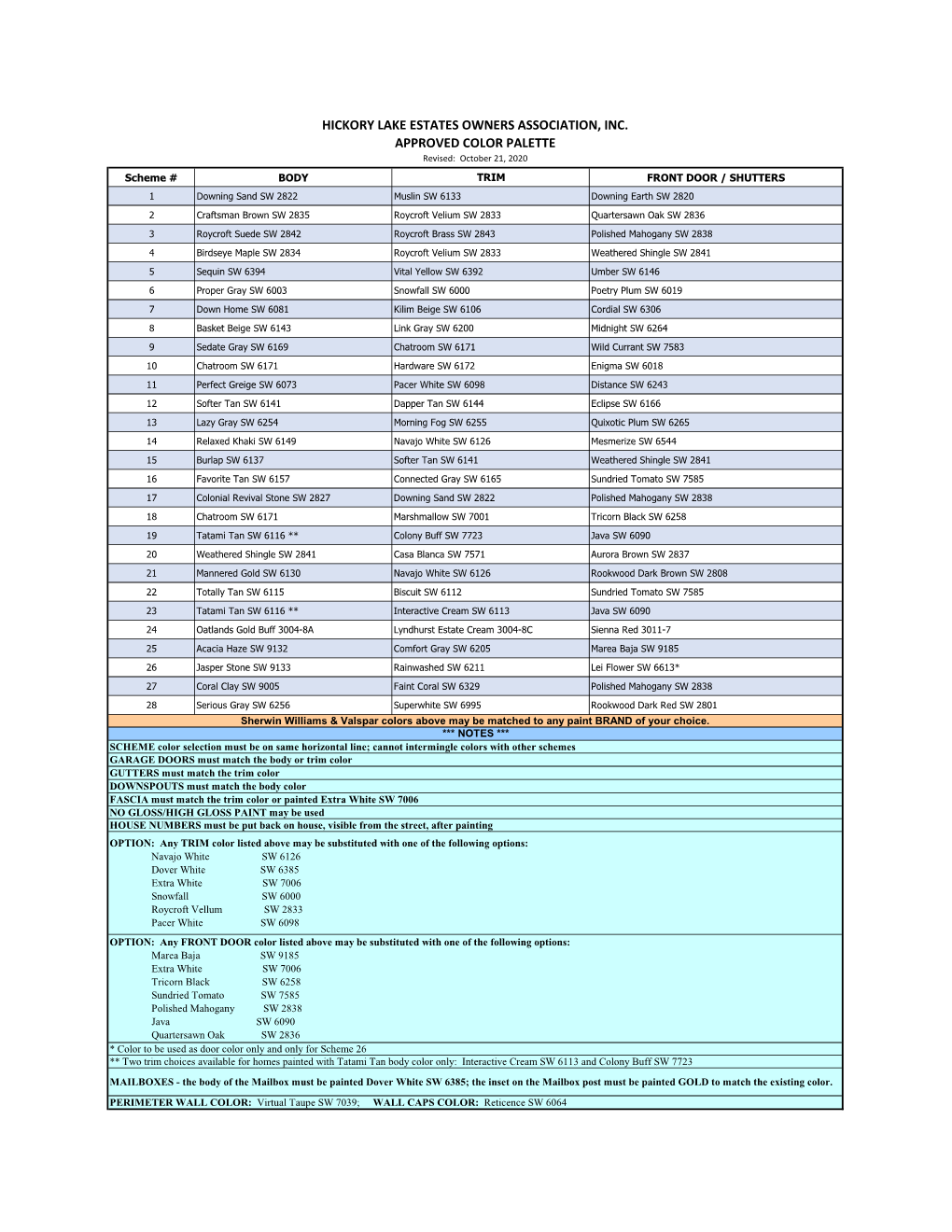 HICKORY LAKE ESTATES OWNERS ASSOCIATION, INC. APPROVED COLOR PALETTE Revised: October 21, 2020