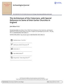 The Architecture of the Cistercians, with Special Reference to Some of Their Earlier Churches in England