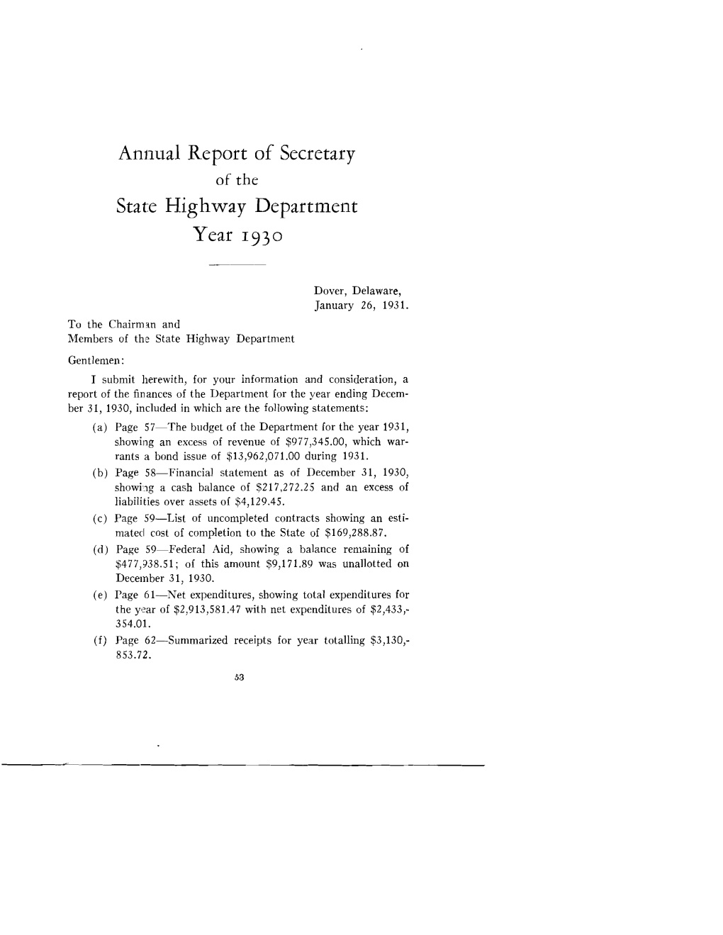 Annual Report of Secretary State Highway Department Year 1930