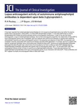 Lupus Anticoagulant Activity of Autoimmune Antiphospholipid Antibodies Is Dependent Upon Beta 2-Glycoprotein I