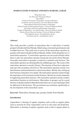 Abstract This Study Provides a Profile of Mariculture That Is Cultivation Of