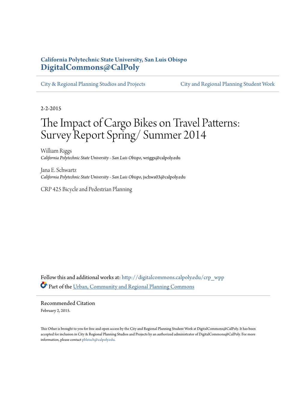 The Impact of Cargo Bikes on Travel Patterns: Survey Report Spring