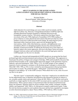 Adult Learning in the Queer Nation: a Foucauldian Analysis of Educational Strategies for Social Change