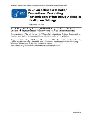 Guideline for Isolation Precautions: Preventing Transmission of Infectious Agents in Healthcare Settings Last Update: July 2019