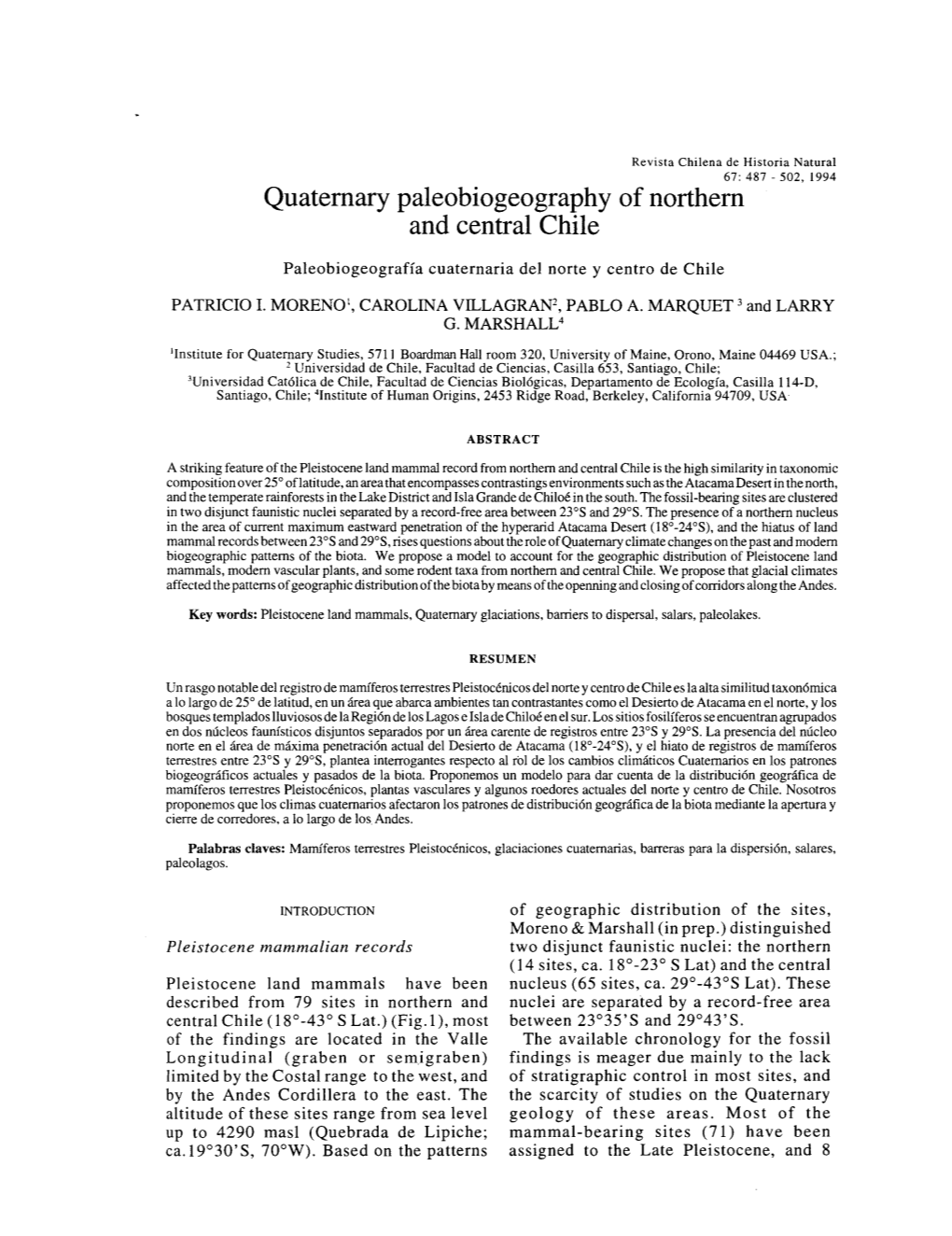 Quaternary Paleobiogeography of Northern and Central Chile