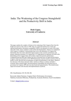 India: the Weakening of the Congress Stranglehold and the Productivity Shift in India