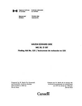 HAZEN EDWARD SISE MG 30, D 187 Finding Aid No. 531 / Instrument De Recherche No 531