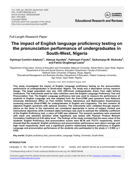 The Impact of English Language Proficiency Testing on the Pronunciation Performance of Undergraduates in South-West, Nigeria