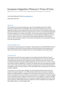 European Integration (Theory) in Times of Crisis Why the Euro Crisis Led to More Integration but the Migrant Crisis Did Not