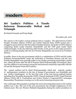 Sri Lanka's Politics: a Tussle Between Democratic Defeat and Triumph