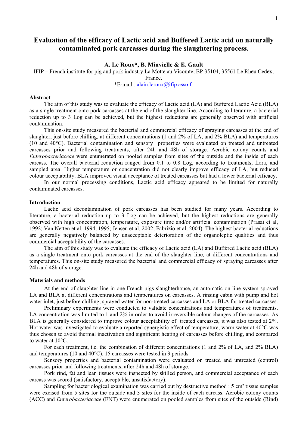 Evaluation of the Efficacy of Lactic Acid on Naturally Contaminated