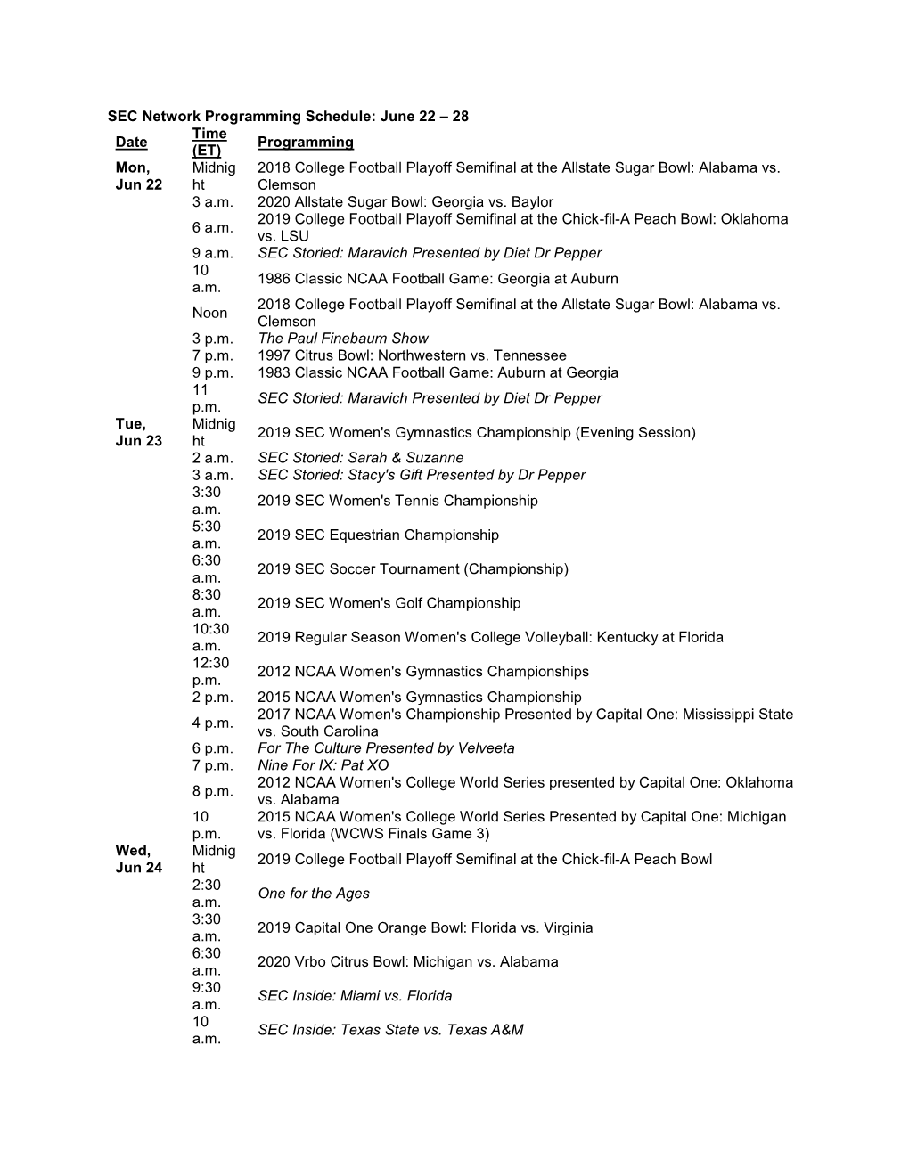 SEC Network Programming Schedule: June 22 – 28 Date Time