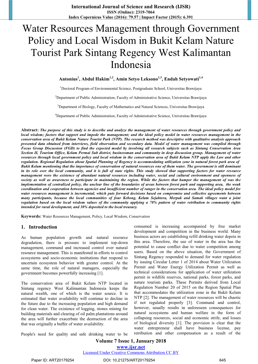 Water Resources Management Through Government Policy and Local Wisdom in Bukit Kelam Nature Tourist Park Sintang Regency West Kalimantan Indonesia