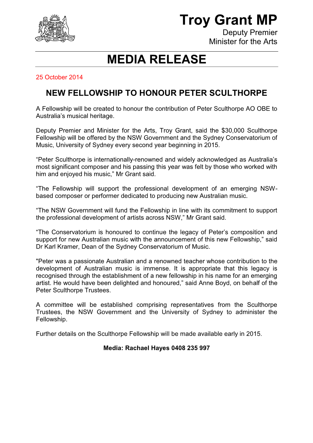 New Fellowship to Honour Peter Sculthorpe