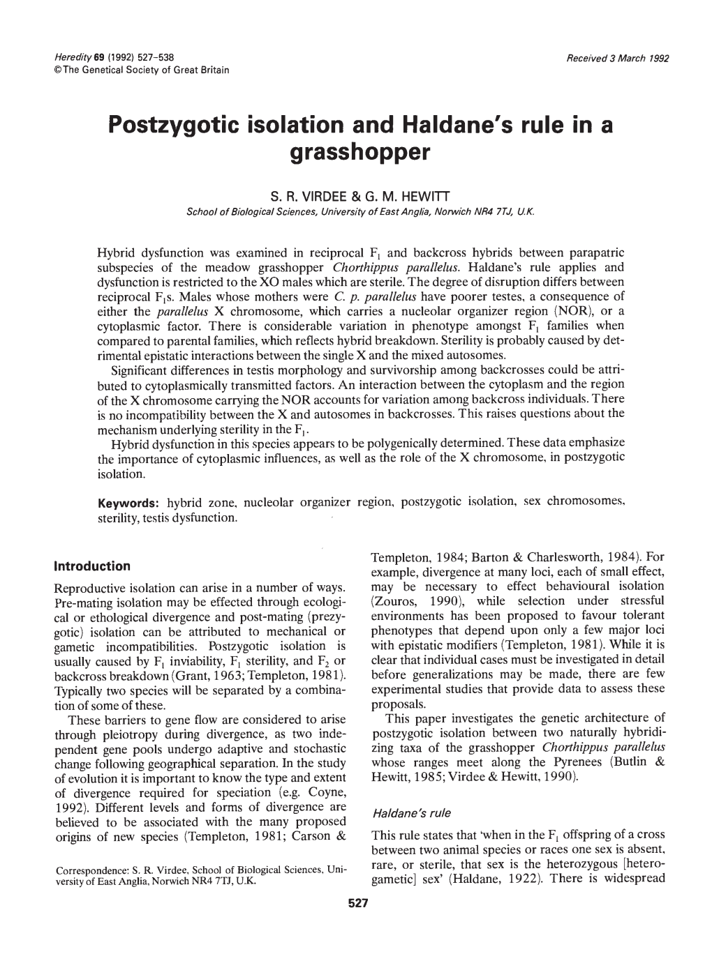 Postzygotic Isolation and Haldane's Rule in a Grasshopper