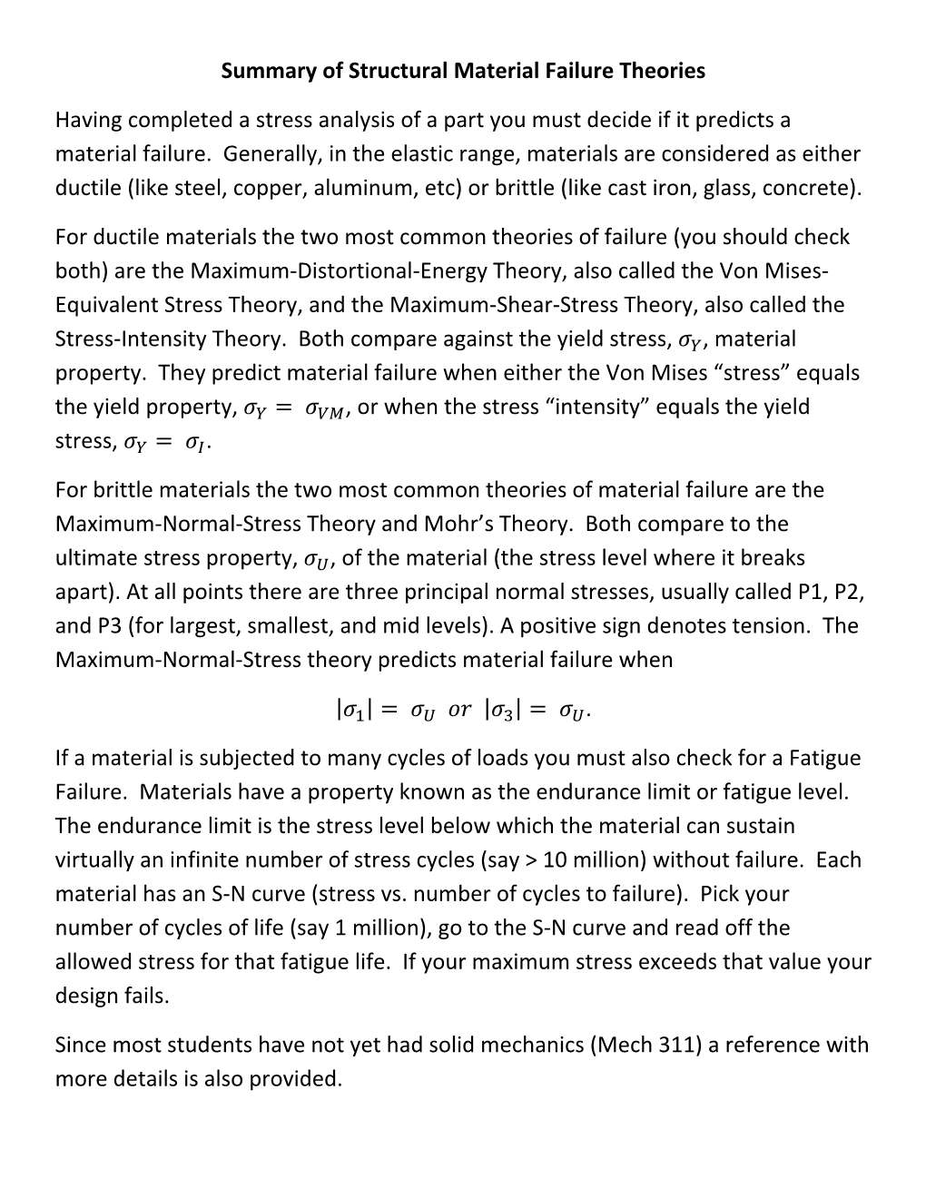 Summary of Structural Material Failure Theories