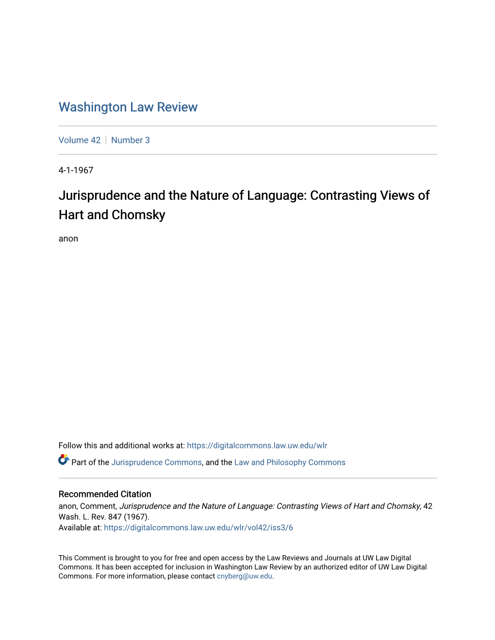 Jurisprudence and the Nature of Language: Contrasting Views of Hart and Chomsky Anon