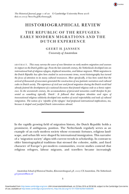 Historiographical Review the Republic of the Refugees: Early Modern Migrations and the Dutch Experience