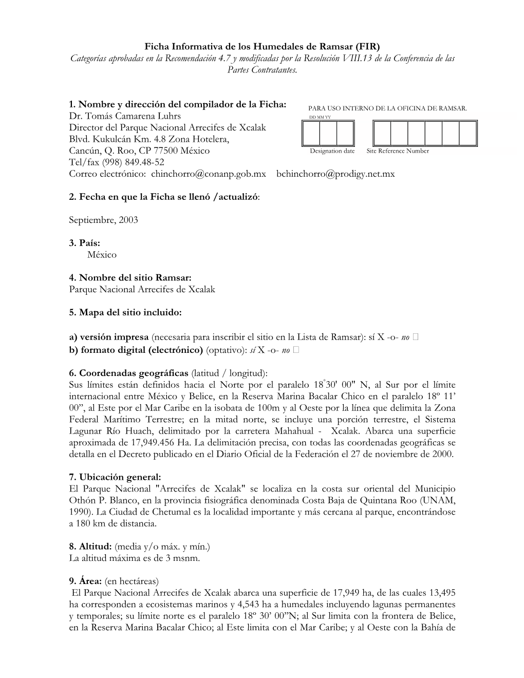 Ficha Informativa De Los Humedales De Ramsar (FIR)