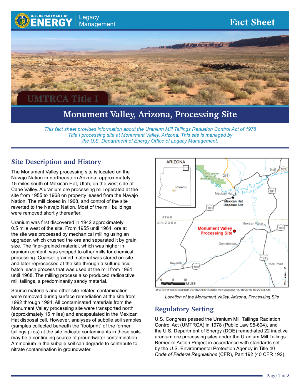 Fact Sheet UMTRCA Title I Monument Valley, Arizona, Processing Site