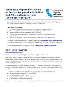Earthquake Preparedness Guide for Seniors, People with Disabilities, and Others with Access and Functional Needs (AFN)