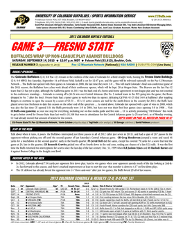 GAME 3—FRESNO STATE BUFFALOES WRAP up NON-LEAGUE PLAY AGAINST BULLDOGS SATURDAY, SEPTEMBER 14, 2013 12:07 P.M