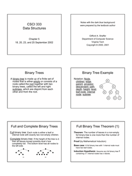 CSCI 333 Data Structures Binary Trees Binary Tree Example Full And
