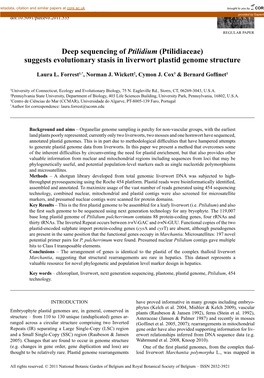 Deep Sequencing of Ptilidium (Ptilidiaceae) Suggests Evolutionary Stasis in Liverwort Plastid Genome Structure