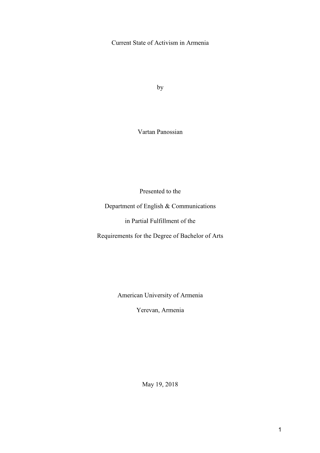 Current State of Activism in Armenia by Vartan Panossian Presented To