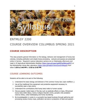 Entmlgy 2200 Course Overview Columbus Spring 2021