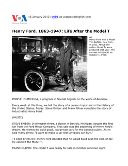 Henry Ford, 1863-1947: Life After the Model T