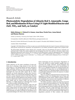 Photocatalytic Degradation of Alizarin Red S, Amaranth, Congo Red, and Rhodamine B Dyes Using UV Light Modified Reactor and Zno, Tio2, and Sno2 As Catalyst
