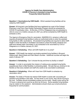 Agency for Health Care Administration COVID-19 Vaccine in Assisted Living Facilities Frequently Asked Questions Question 1