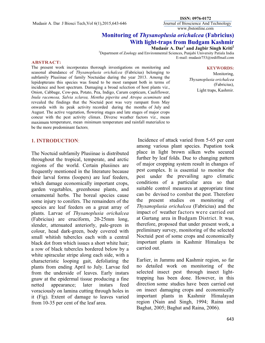 Monitoring of Thysanoplusia Orichalcea (Fabricius) with Light-Traps from Budgam Kashmir Mudasir A