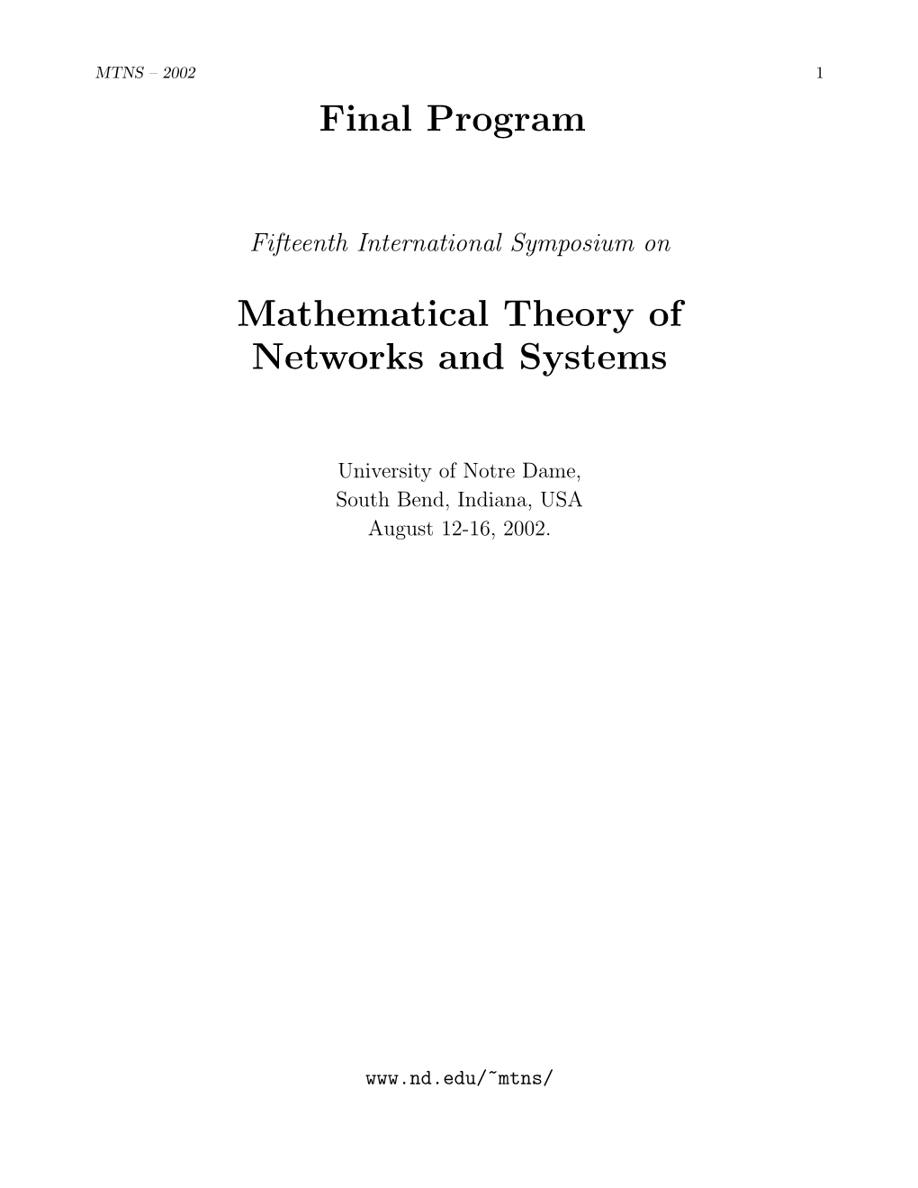 Final Program Mathematical Theory of Networks and Systems