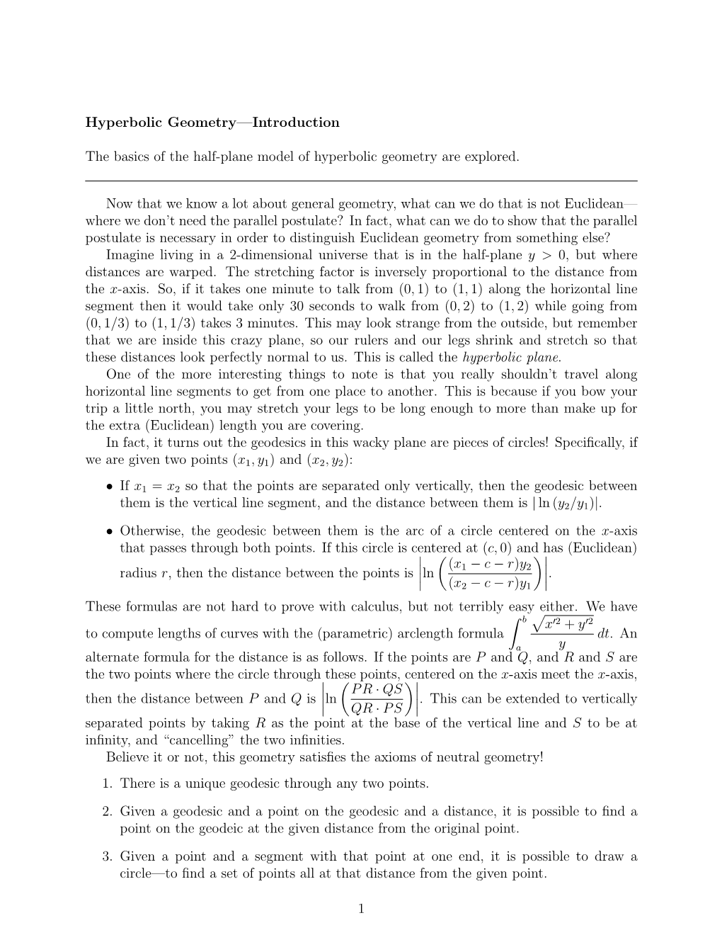 Hyperbolic Geometry—Introduction the Basics of the Half-Plane Model