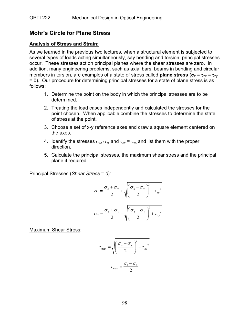 Mohr's Circle for Plane Stress