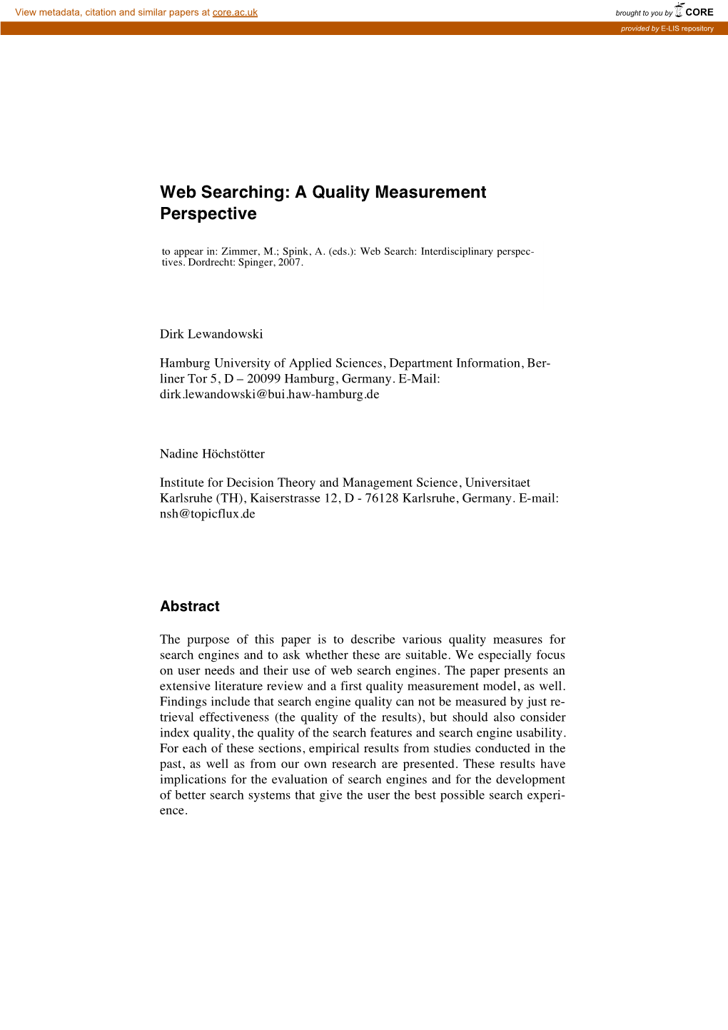 Web Searching: a Quality Measurement Perspective