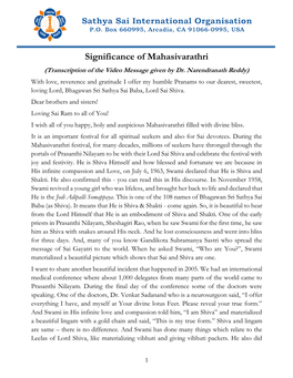 Significance of Mahasivarathri (Transcription of the Video Message Given by Dr