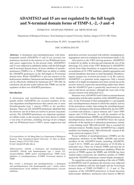 ADAMTS13 and 15 Are Not Regulated by the Full Length and N‑Terminal Domain Forms of TIMP‑1, ‑2, ‑3 and ‑4