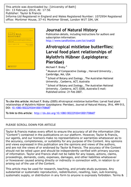 Journal of Natural History Afrotropical Mistletoe Butterflies: Larval Food Plant Relationships of Mylothris Hübner (Lepidoptera