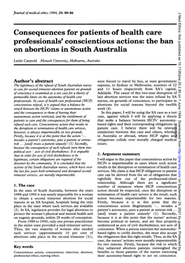 Consequences for Patients of Health Care Professionals' Conscientious Actions: the Ban on Abortions in South Australia