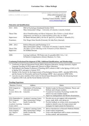 Curriculum Vitae – Cillian Mchugh Personal Details (Address Available on Request) (Phone Number Available on Request) Cillian