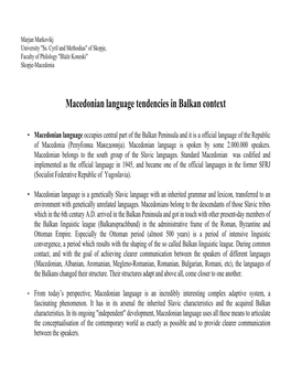 Macedonian Language Tendencies in Balkan Context