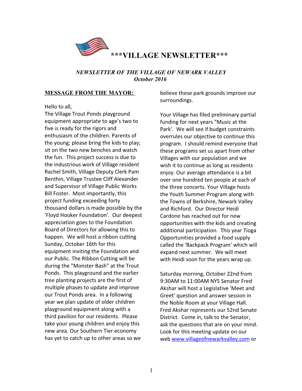 Newsletter of the Village of Newark Valley