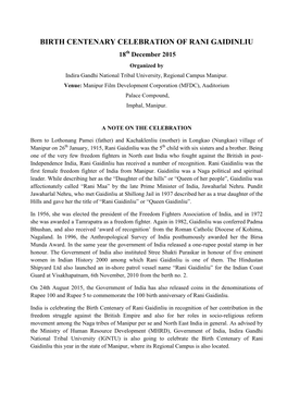 BIRTH CENTENARY CELEBRATION of RANI GAIDINLIU 18Th December 2015 Organized by Indira Gandhi National Tribal University, Regional Campus Manipur