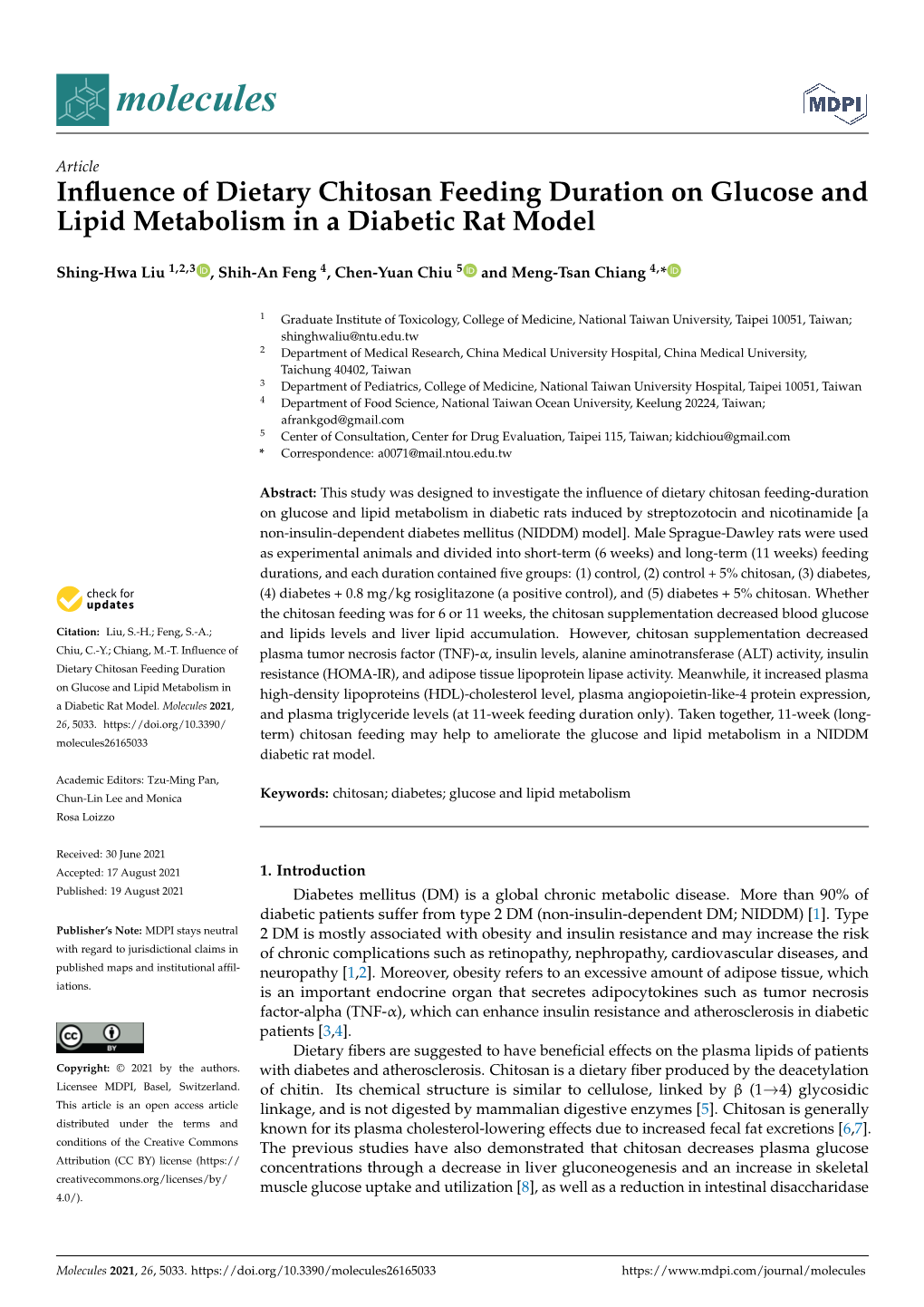 Influence of Dietary Chitosan Feeding Duration on Glucose and Lipid