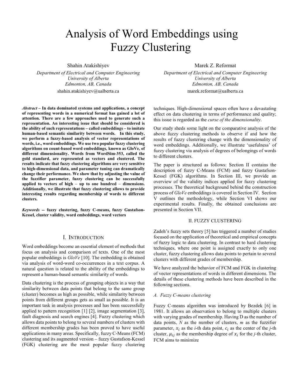 Analysis of Word Embeddings Using Fuzzy Clustering